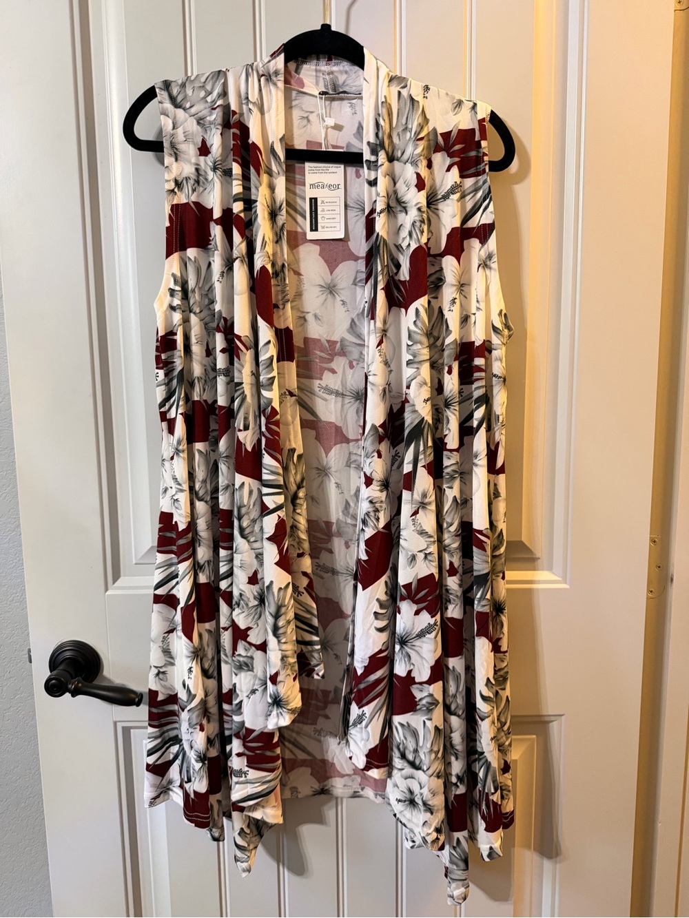 Mosaic Floral Open Front Cardigan Vest - Cream & Burgundy